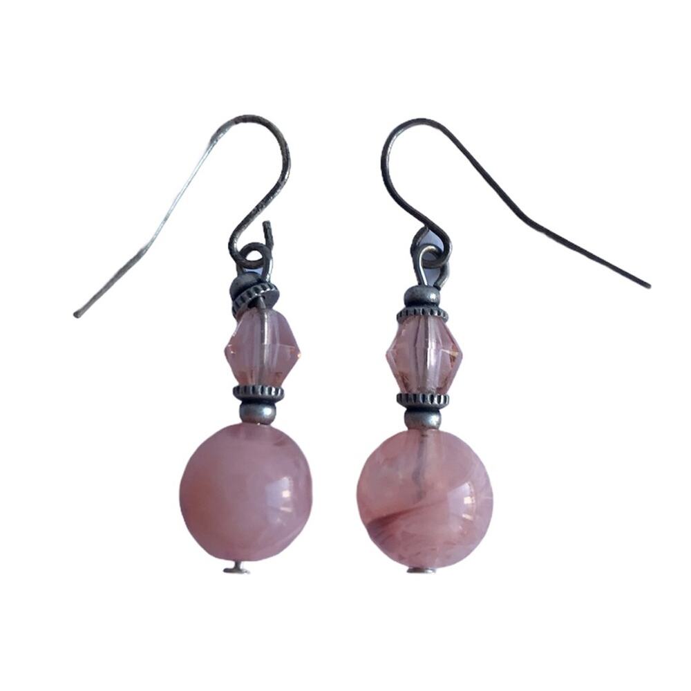 Handmade Pink Beaded Drop Silver French Hook Earrings Wedding Guest Jewelry